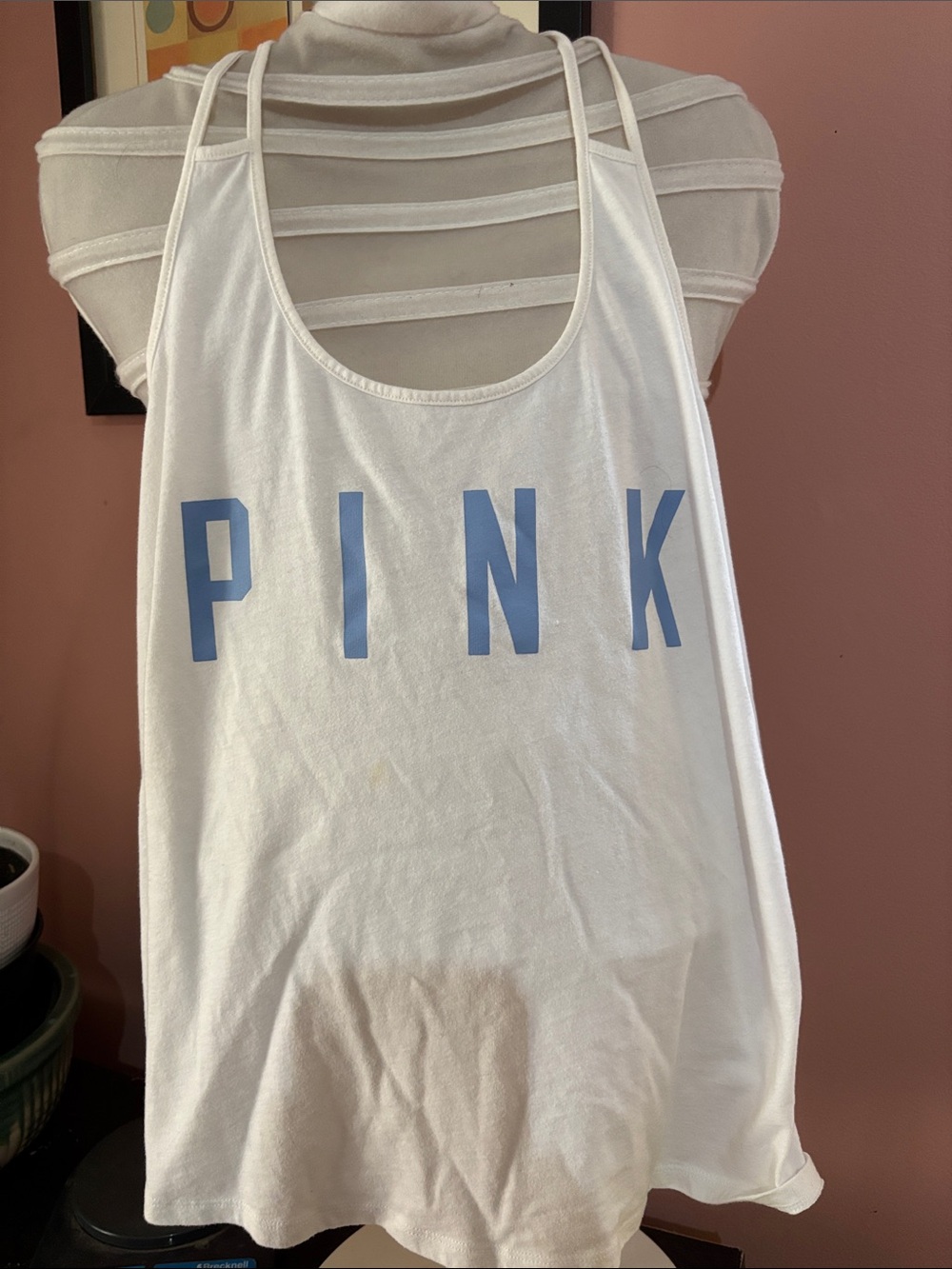 PINK Victoria's Secret White Tank Top with Light Blue Logo Size Large